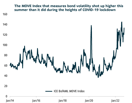 A line graph showing the MOVE Index between the periods January 2014 and July 2022. The MOVE index measures the volatility of bonds. The graphs shows that bonds have been more volatile in the summer of 2022 than they were during early 2020 when COVID-19 pandemic ignited a recession.