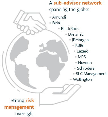 A sub-advisor network spanning the globe: Amundi, Birla, BlackRock, Dynamic, JPMorgan, KBIGI, Lazard, MFS, NWQ, Schroders, SLC Management, Wellington. Strong risk management oversight.