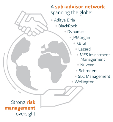 A sub-advisor network spanning the globe: Amundi, Birla, BlackRock, Dynamic, JPMorgan, KBIGI, Lazard, MFS, NWQ, Schroders, SLC Management, Wellington. Strong risk management oversight.